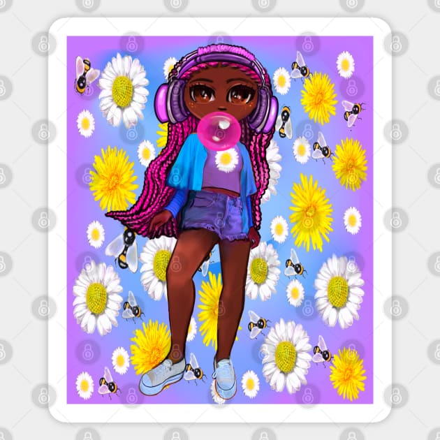 Beautiful Brown skin African American girl with Afro hair in 4 puffs blowing bubblegum and wearing headphones listening to music. Black girls rock, black girl magic,melanin poppin queen anime girl drawn in manga style Sticker by Artonmytee